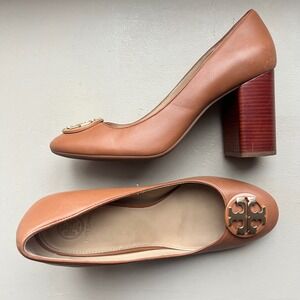 Tory Burch Janey Women 10.5 Tan Brown Leather Block Wood Grain Heel Logo Pump